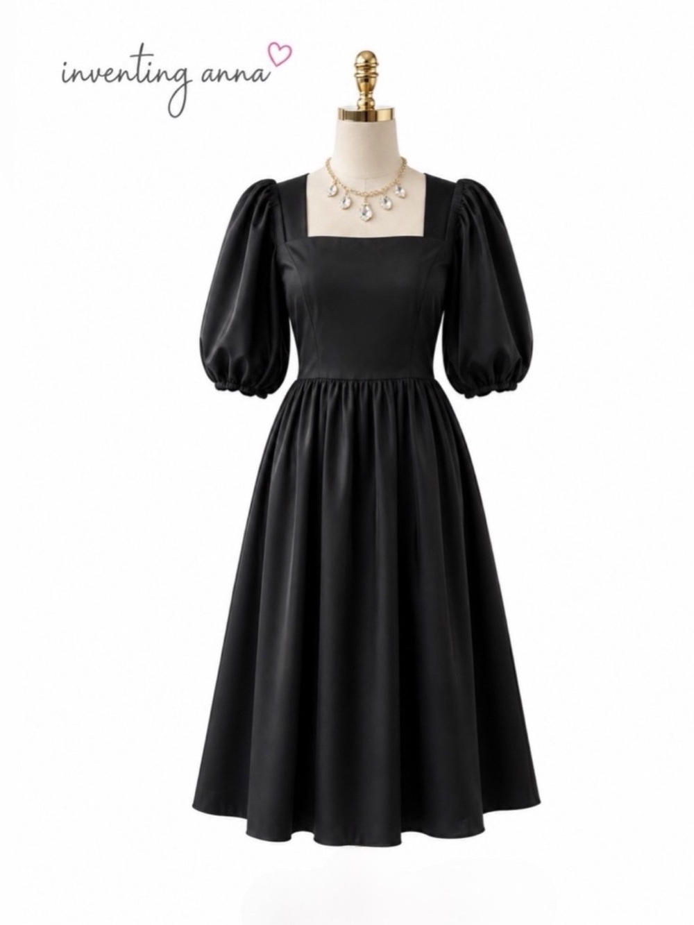 SMASH & TESS Black Square NeckLine Short Puffed Sleeves Dress